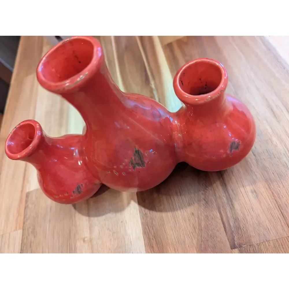 Rustic Red Ceramic Triple Bud Vase Modern Glazed Multi Stem Flower Vase Decor